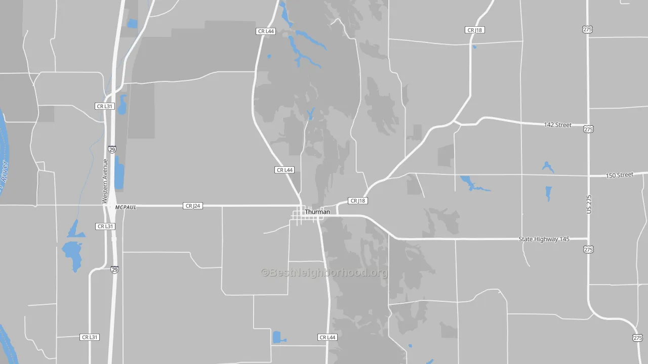Walk Grade map of 51654, IA, walkable areas in green and car-dependent areas in red