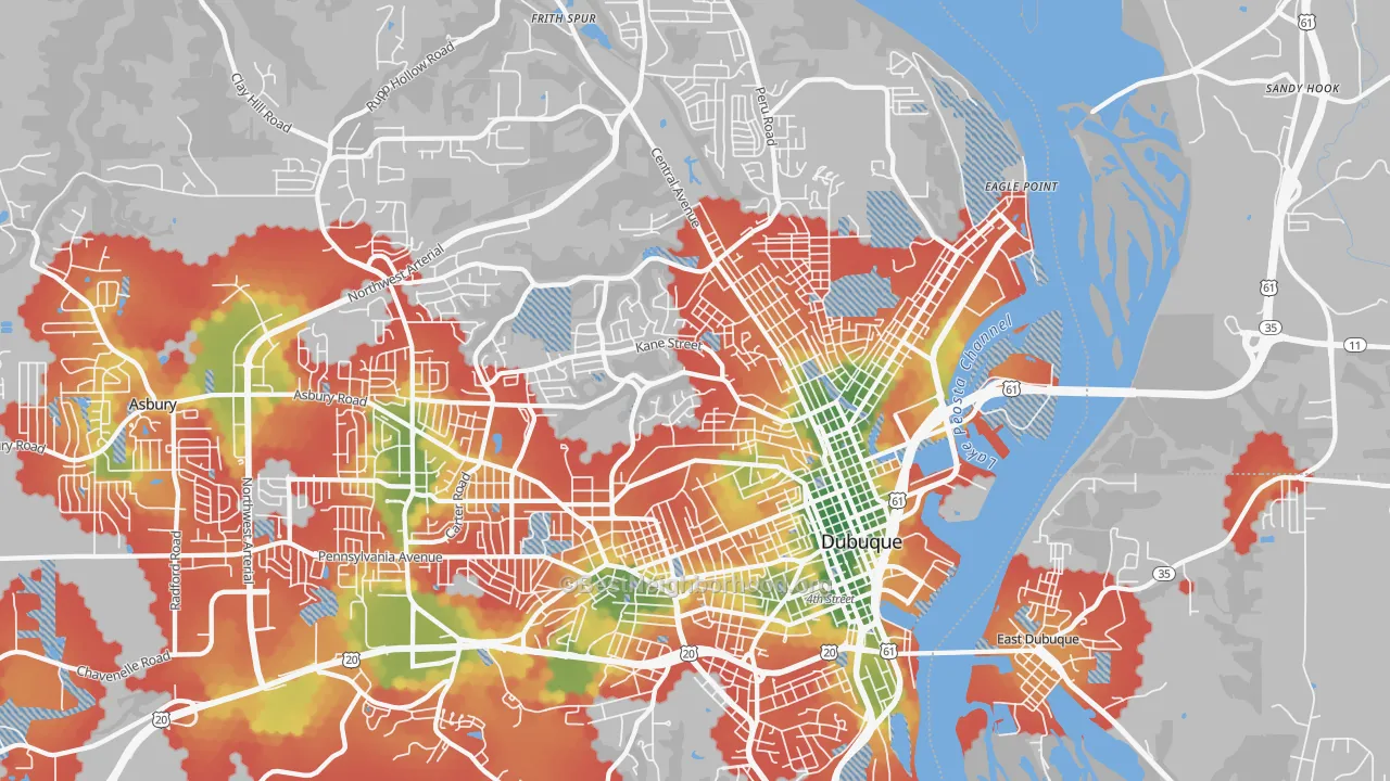Walk Grade map of 52001, IA, walkable areas in green and car-dependent areas in red