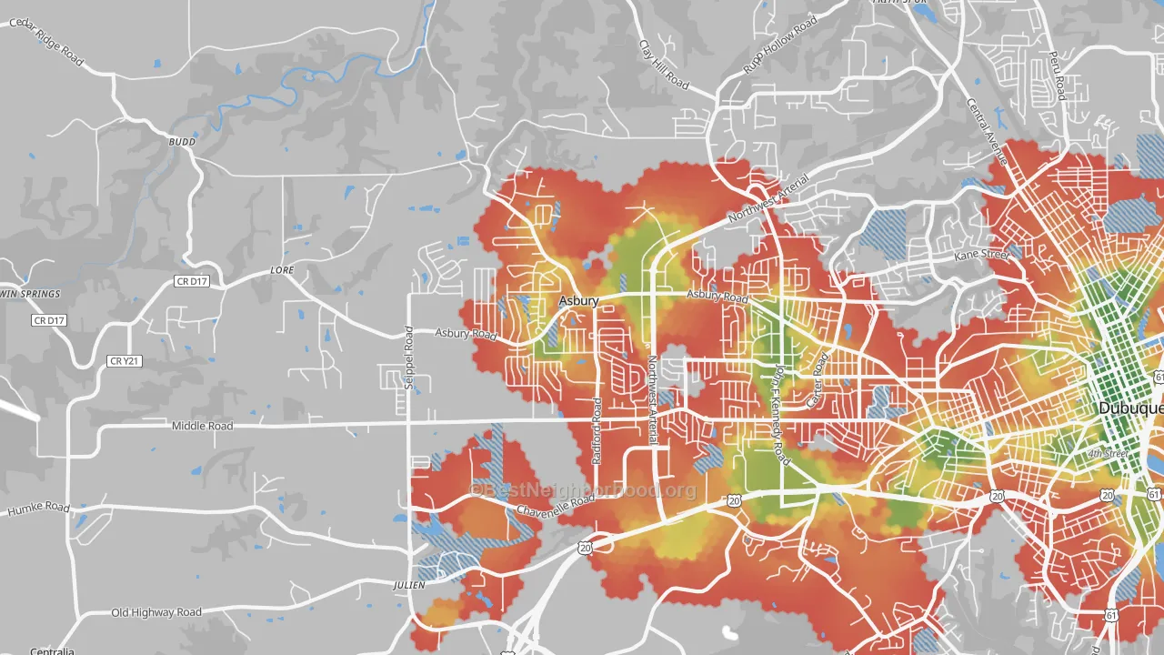 Walk Grade map of 52002, IA, walkable areas in green and car-dependent areas in red