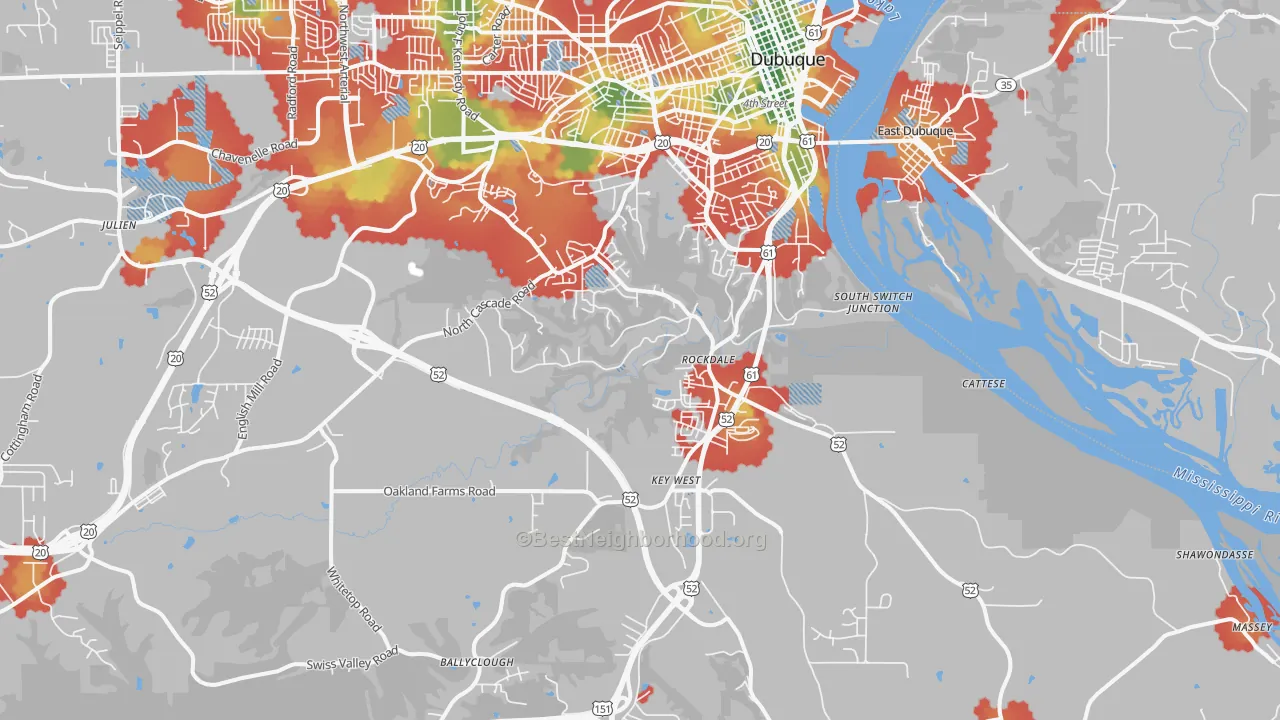 Walk Grade map of 52003, IA, walkable areas in green and car-dependent areas in red