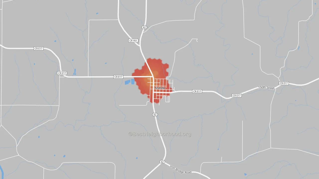Walk Grade map of 52030, IA, walkable areas in green and car-dependent areas in red