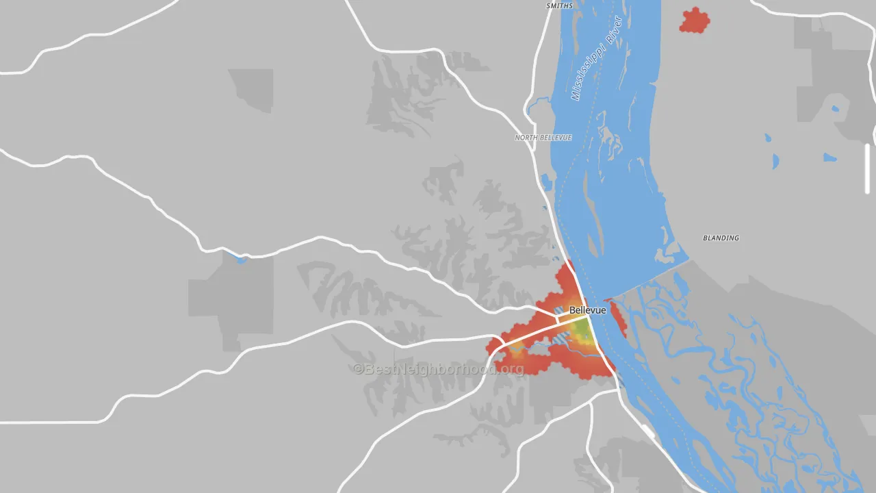 Walk Grade map of 52031, IA, walkable areas in green and car-dependent areas in red