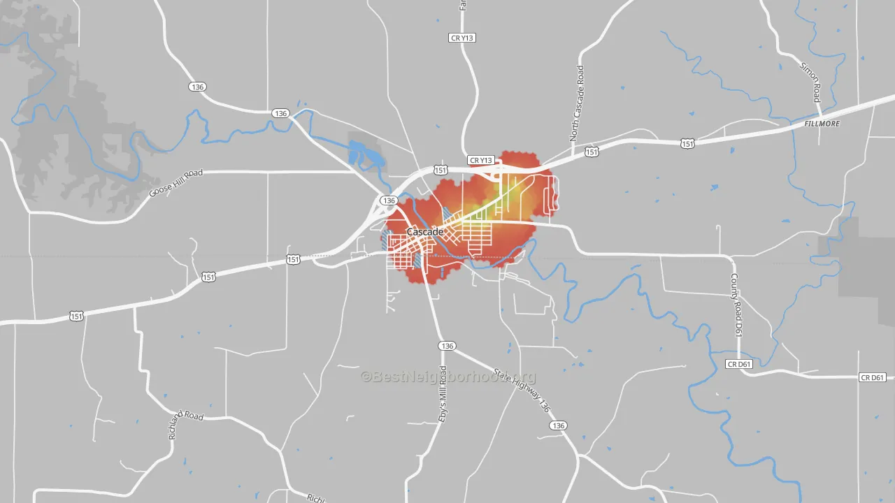 Walk Grade map of 52033, IA, walkable areas in green and car-dependent areas in red