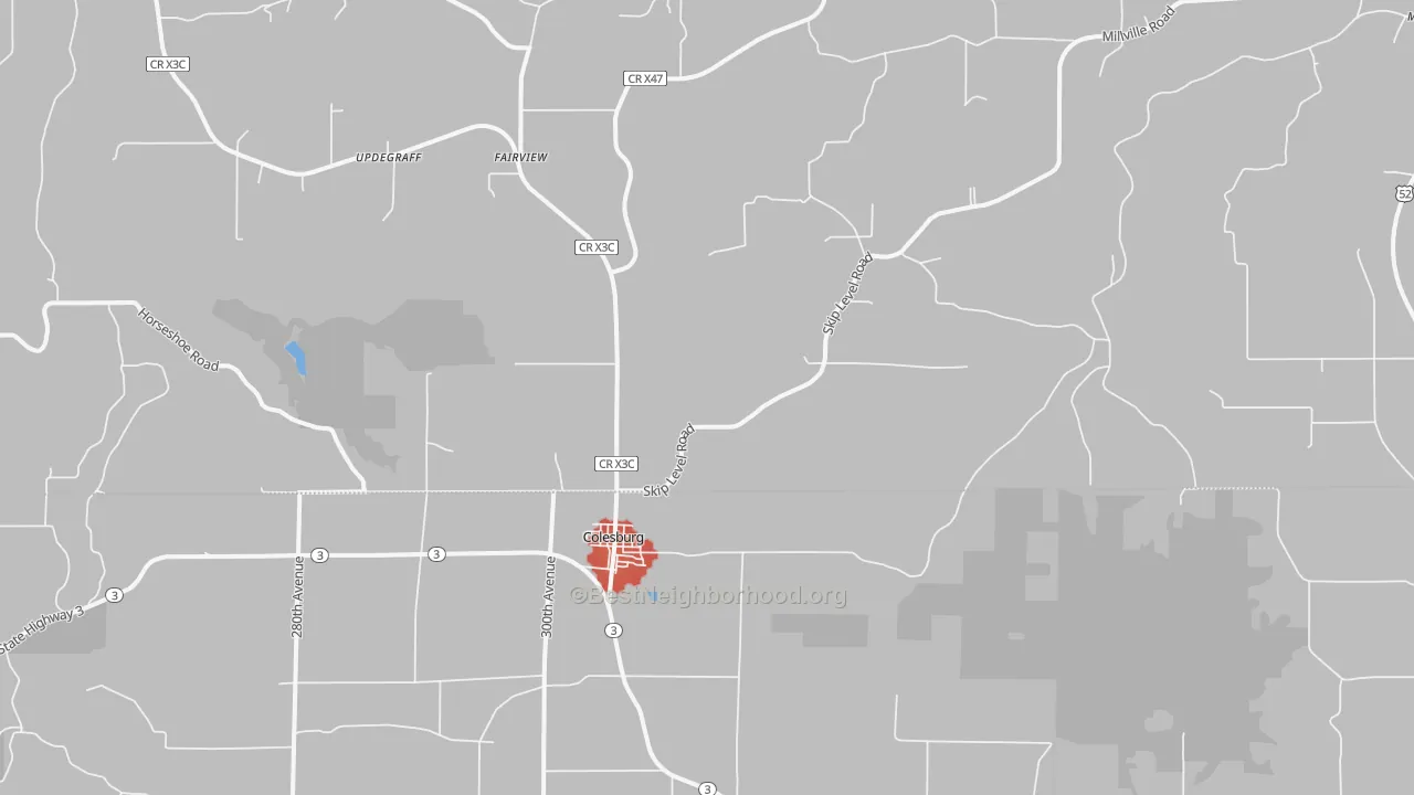Walk Grade map of 52035, IA, walkable areas in green and car-dependent areas in red