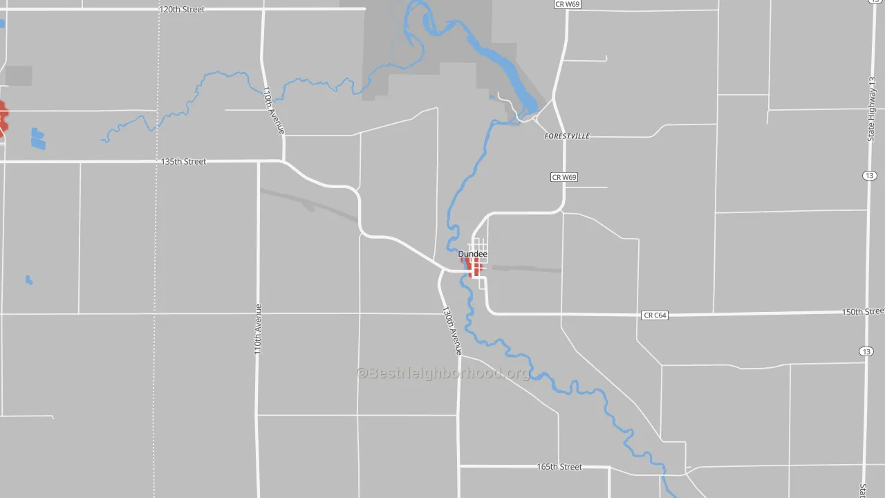 Walk Grade map of 52038, IA, walkable areas in green and car-dependent areas in red
