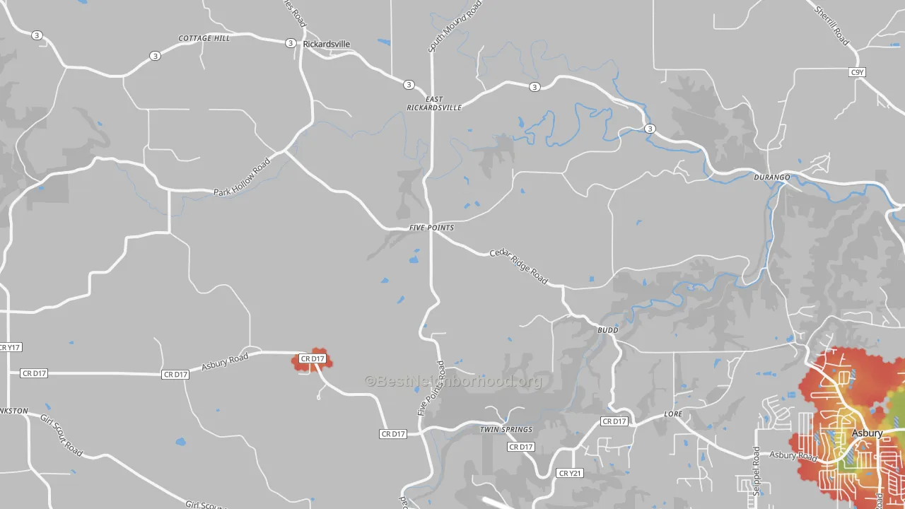 Walk Grade map of 52039, IA, walkable areas in green and car-dependent areas in red