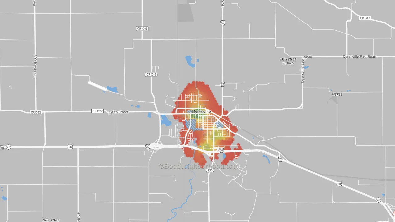 Walk Grade map of 52040, IA, walkable areas in green and car-dependent areas in red