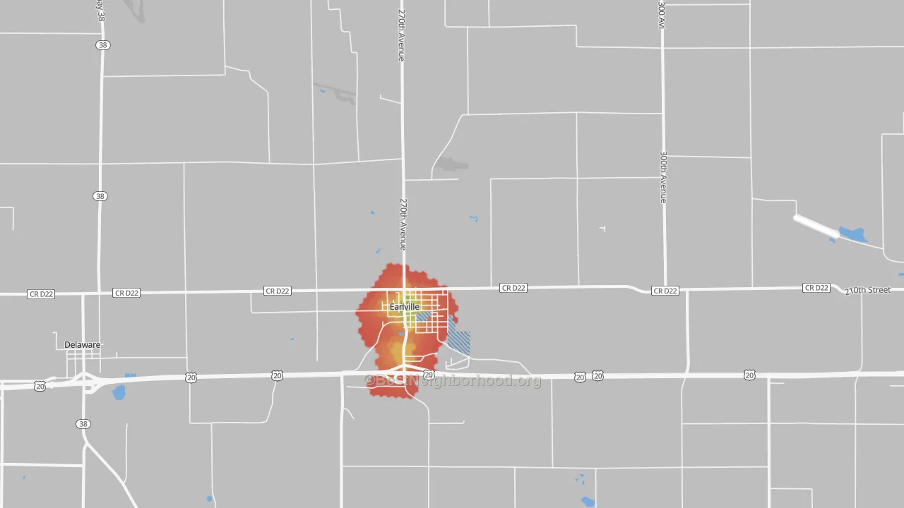 Walk Grade map of 52041, IA, walkable areas in green and car-dependent areas in red