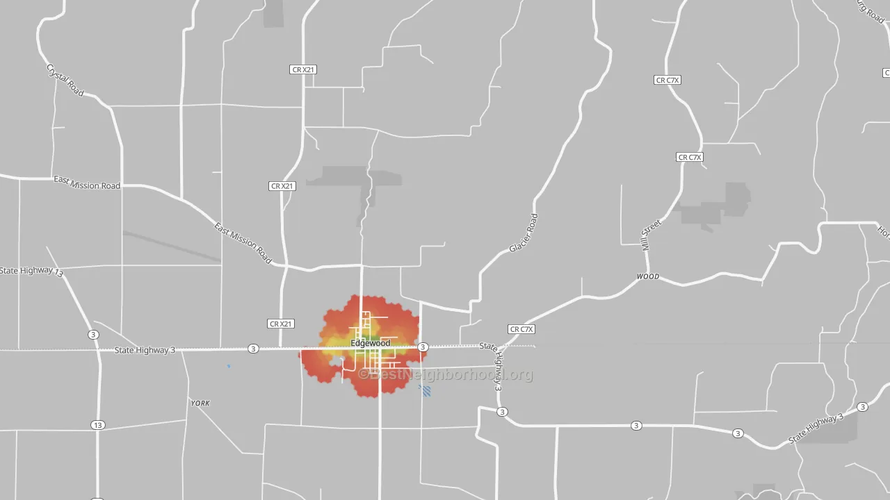Walk Grade map of 52042, IA, walkable areas in green and car-dependent areas in red