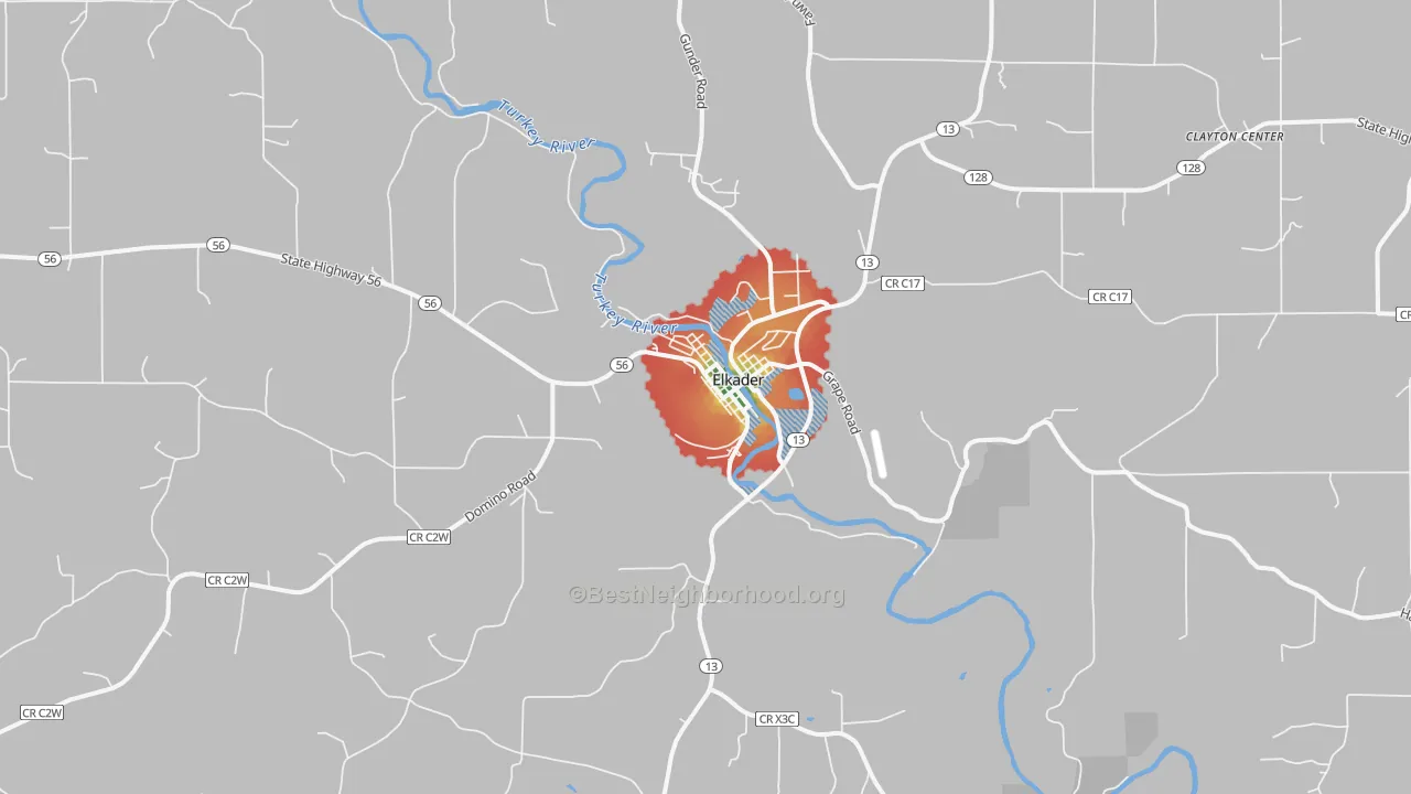 Walk Grade map of 52043, IA, walkable areas in green and car-dependent areas in red