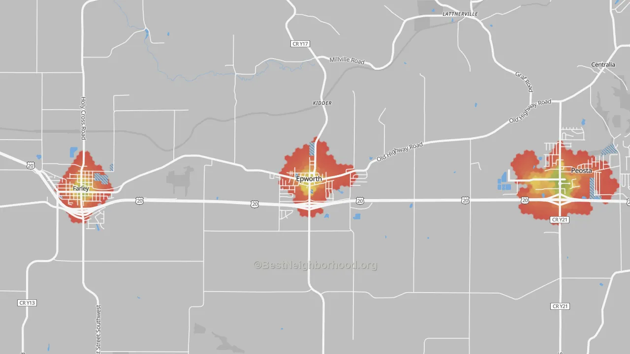 Walk Grade map of 52045, IA, walkable areas in green and car-dependent areas in red