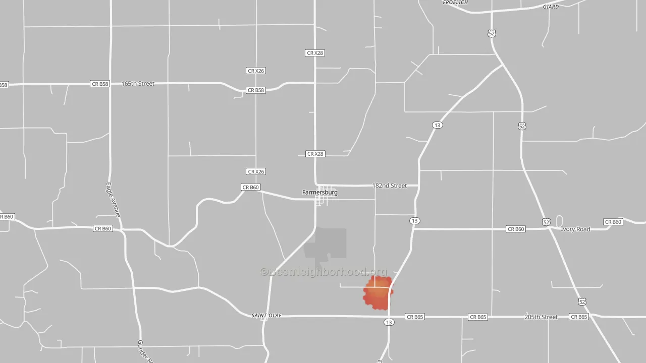 Walk Grade map of 52047, IA, walkable areas in green and car-dependent areas in red