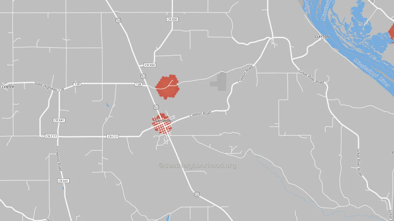 Walk Grade map of 52049, IA, walkable areas in green and car-dependent areas in red