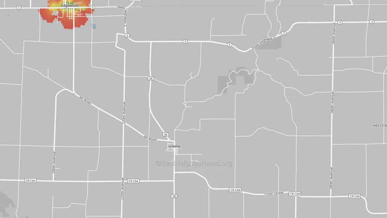 Walk Grade map of 52050, IA, walkable areas in green and car-dependent areas in red