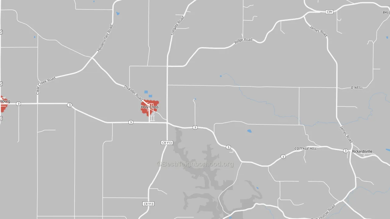 Walk Grade map of 52053, IA, walkable areas in green and car-dependent areas in red
