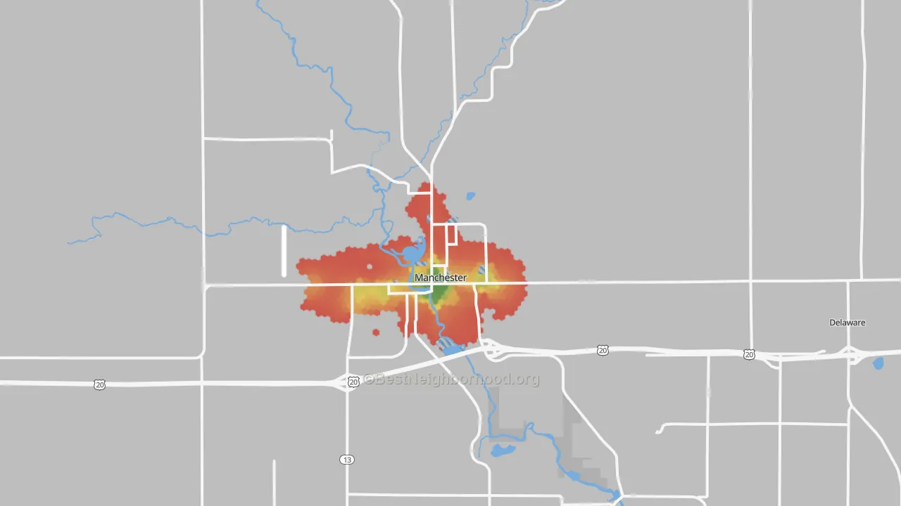 Walk Grade map of 52057, IA, walkable areas in green and car-dependent areas in red