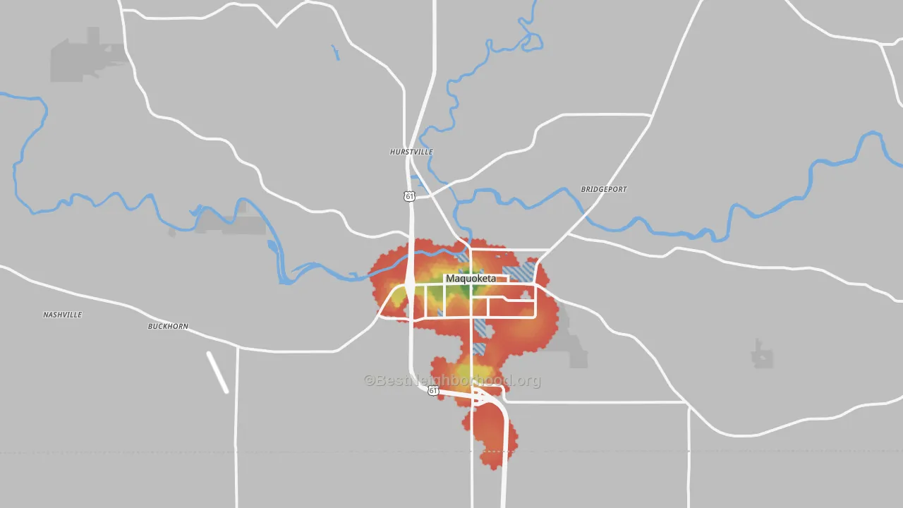 Walk Grade map of 52060, IA, walkable areas in green and car-dependent areas in red
