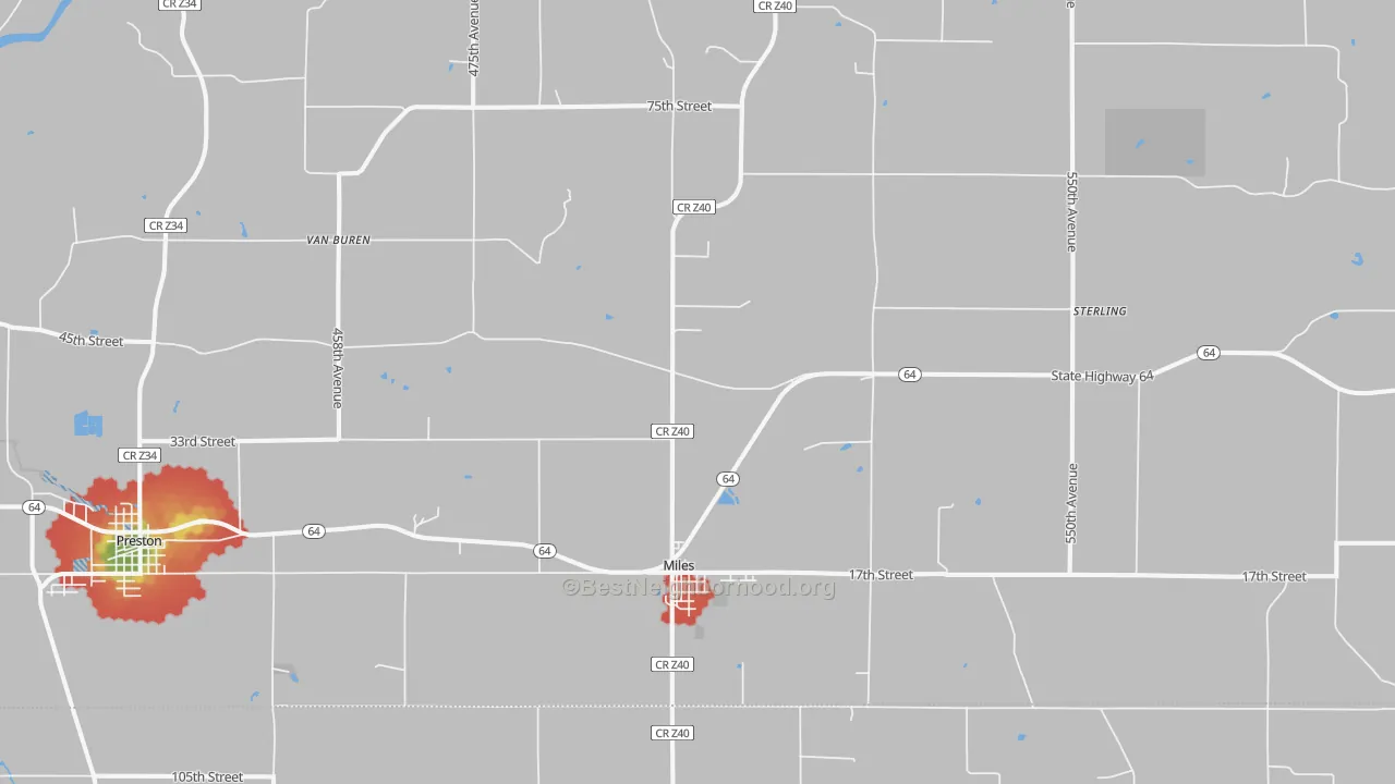 Walk Grade map of 52064, IA, walkable areas in green and car-dependent areas in red