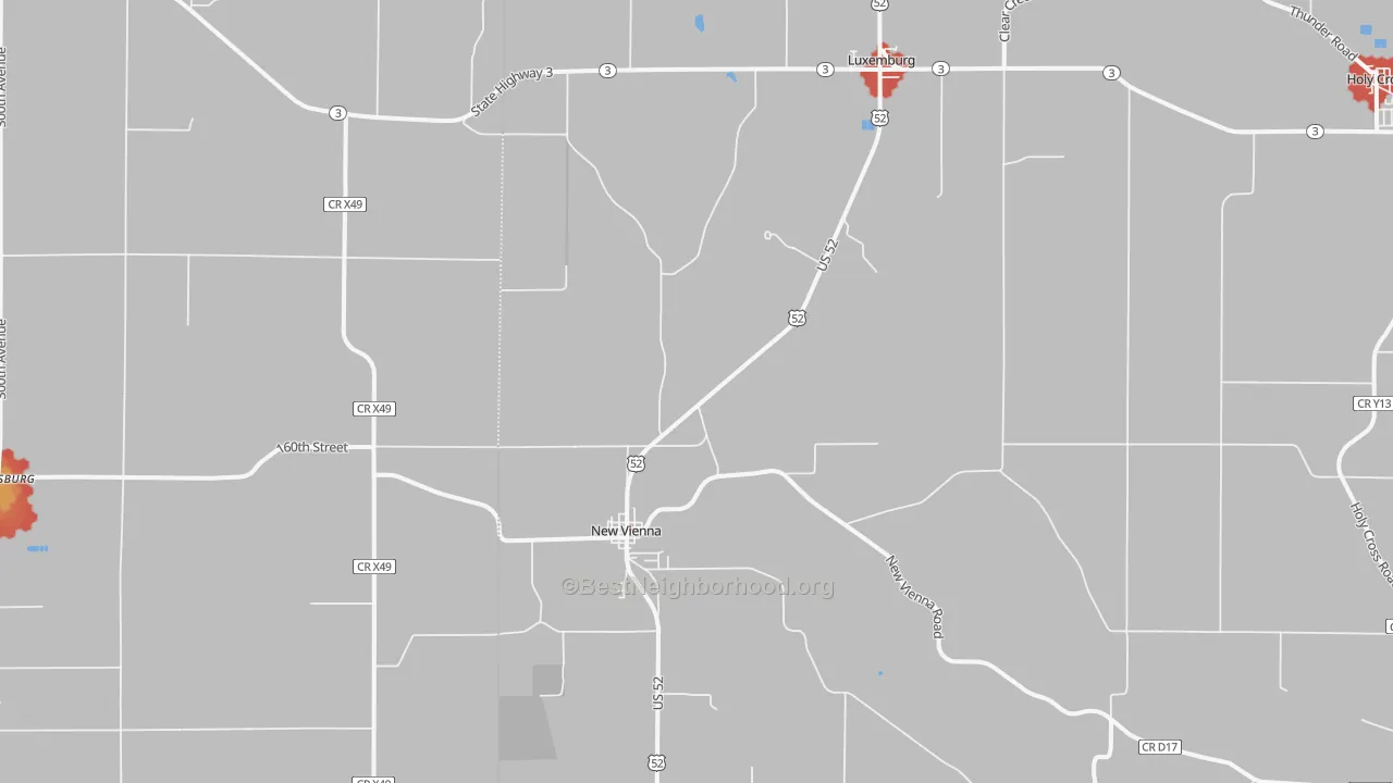 Walk Grade map of 52065, IA, walkable areas in green and car-dependent areas in red