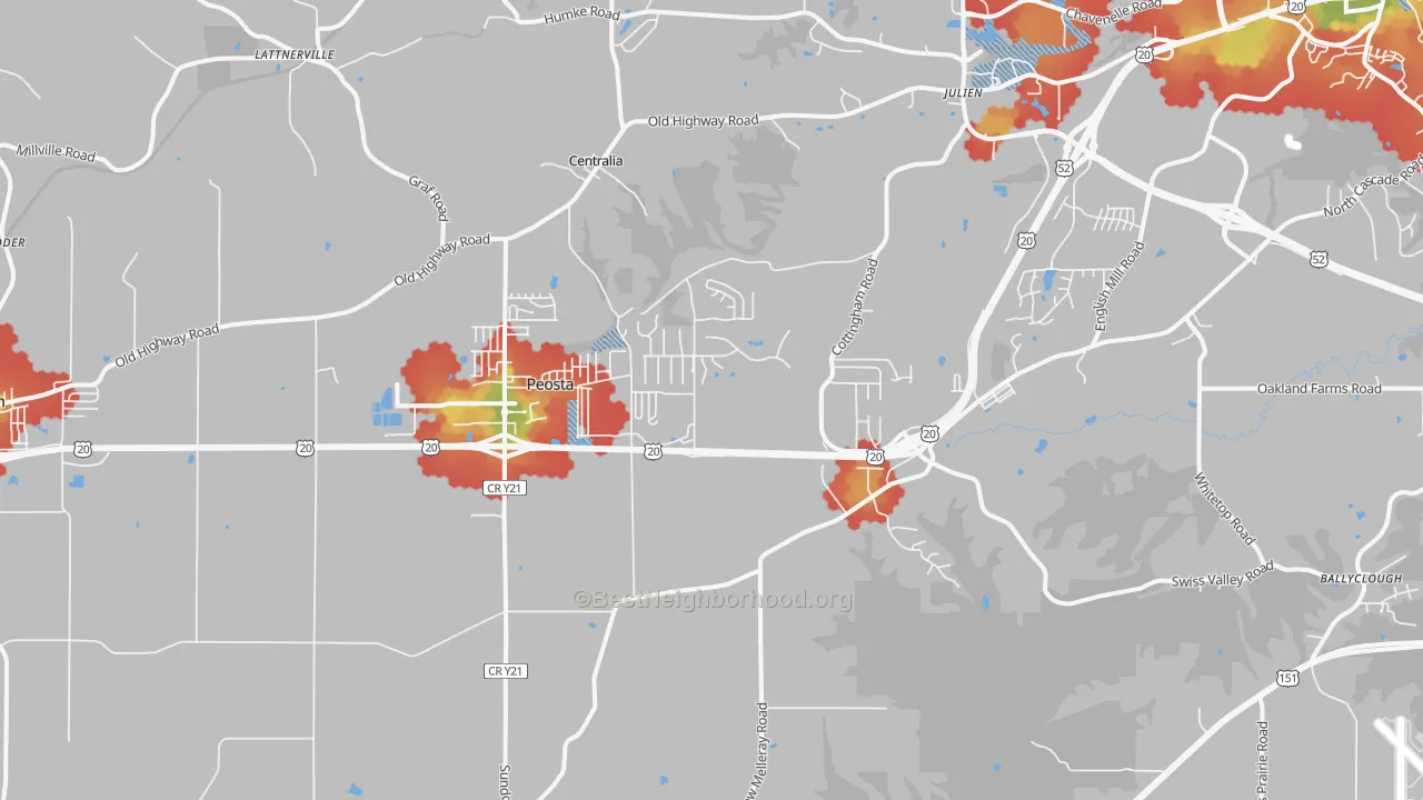 Walk Grade map of 52068, IA, walkable areas in green and car-dependent areas in red