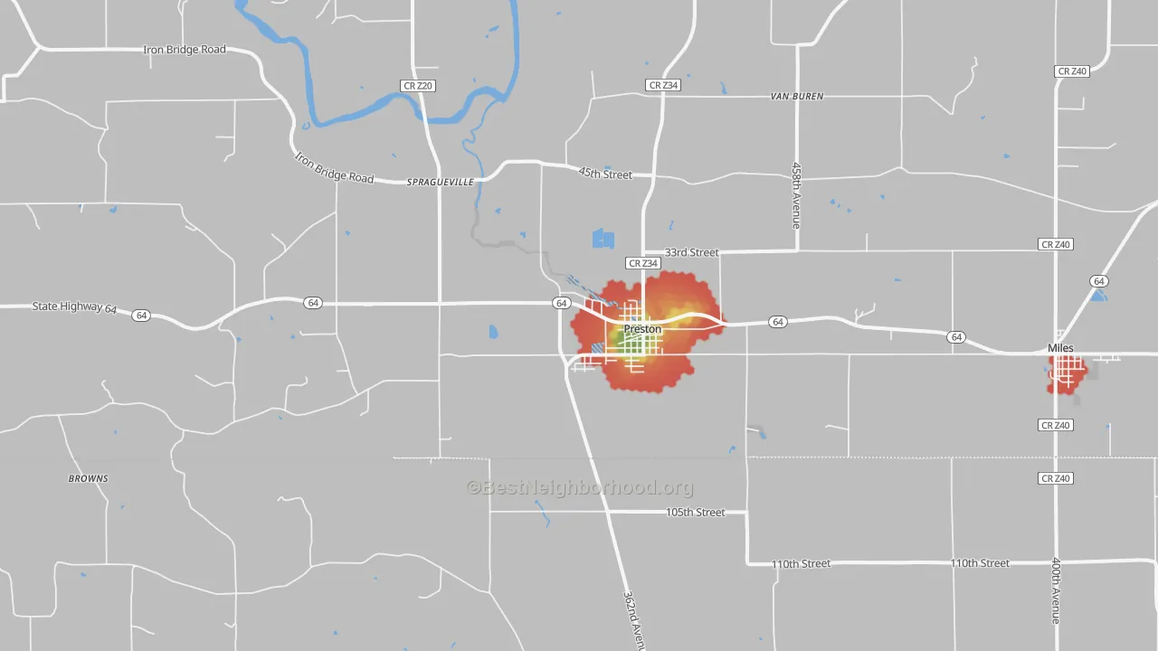Walk Grade map of 52069, IA, walkable areas in green and car-dependent areas in red
