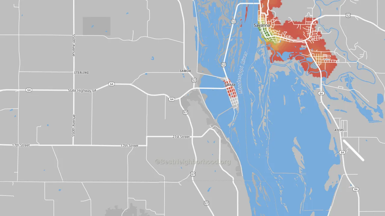 Walk Grade map of 52070, IA, walkable areas in green and car-dependent areas in red
