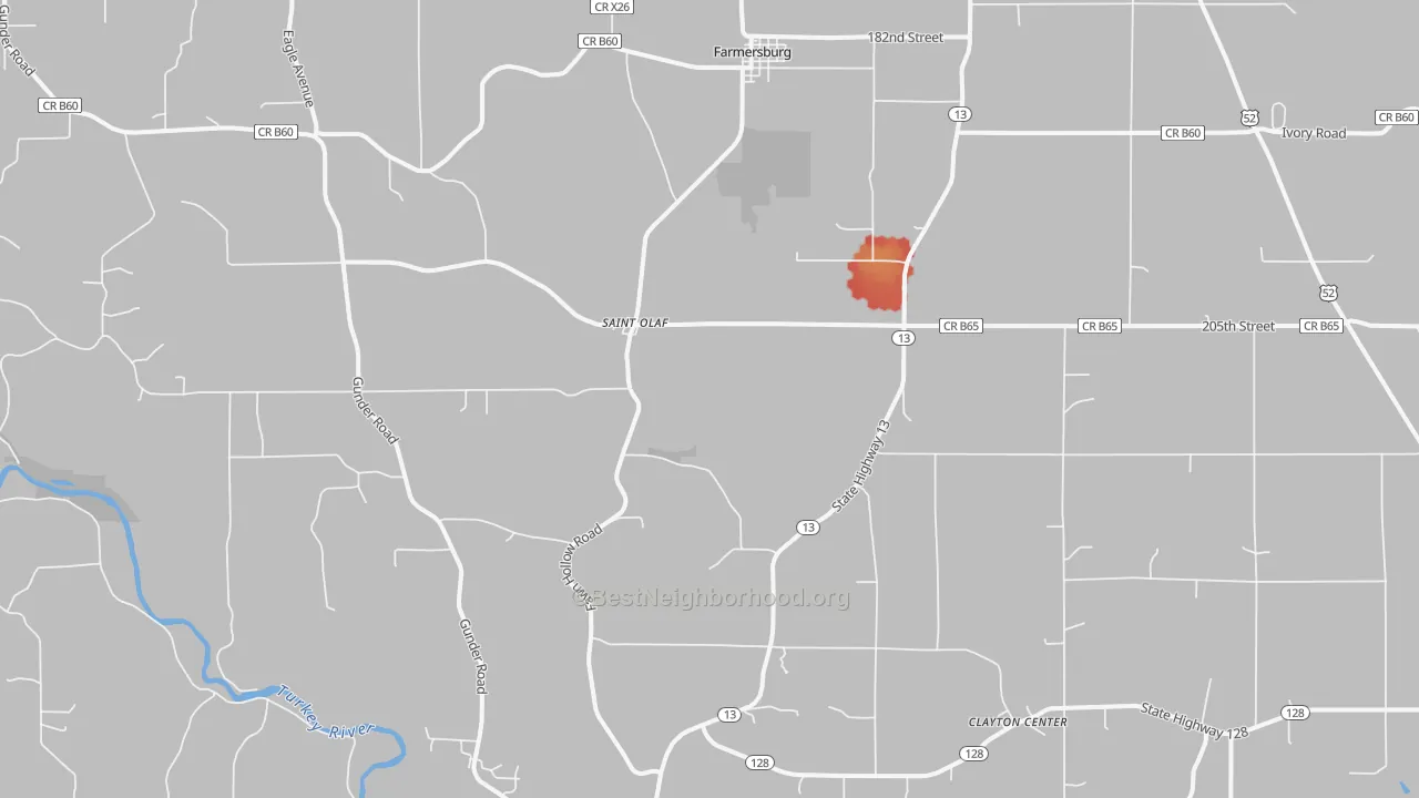 Walk Grade map of 52072, IA, walkable areas in green and car-dependent areas in red