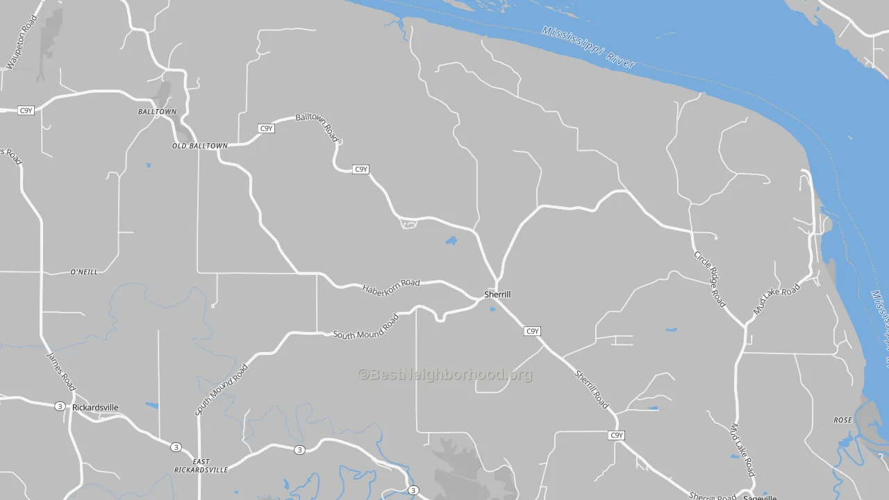 Walk Grade map of 52073, IA, walkable areas in green and car-dependent areas in red