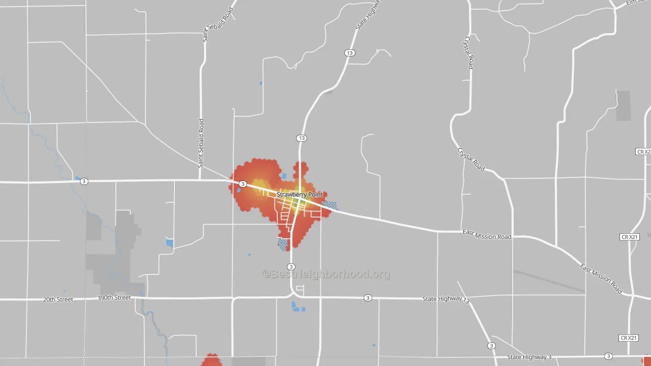 Walk Grade map of 52076, IA, walkable areas in green and car-dependent areas in red