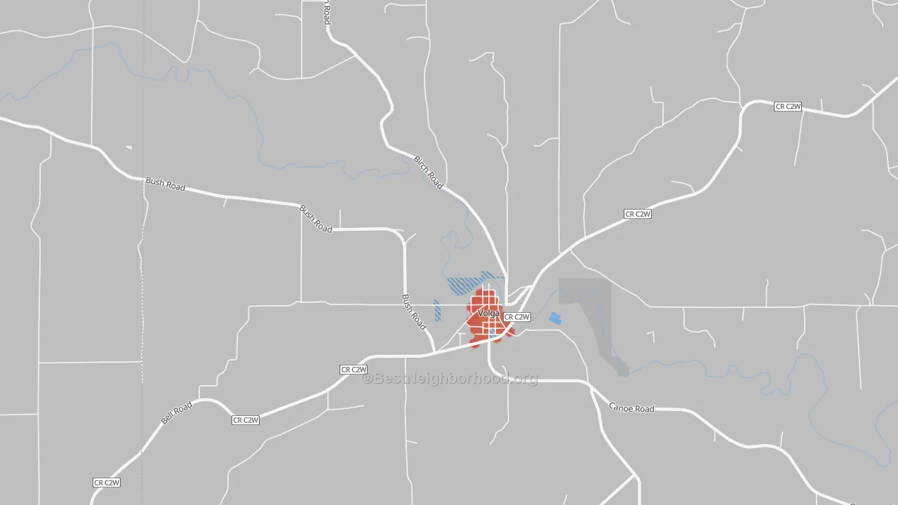 Walk Grade map of 52077, IA, walkable areas in green and car-dependent areas in red