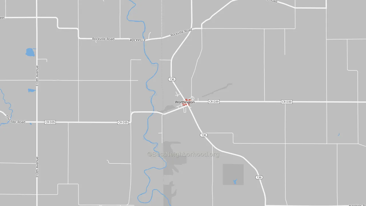Walk Grade map of 52078, IA, walkable areas in green and car-dependent areas in red