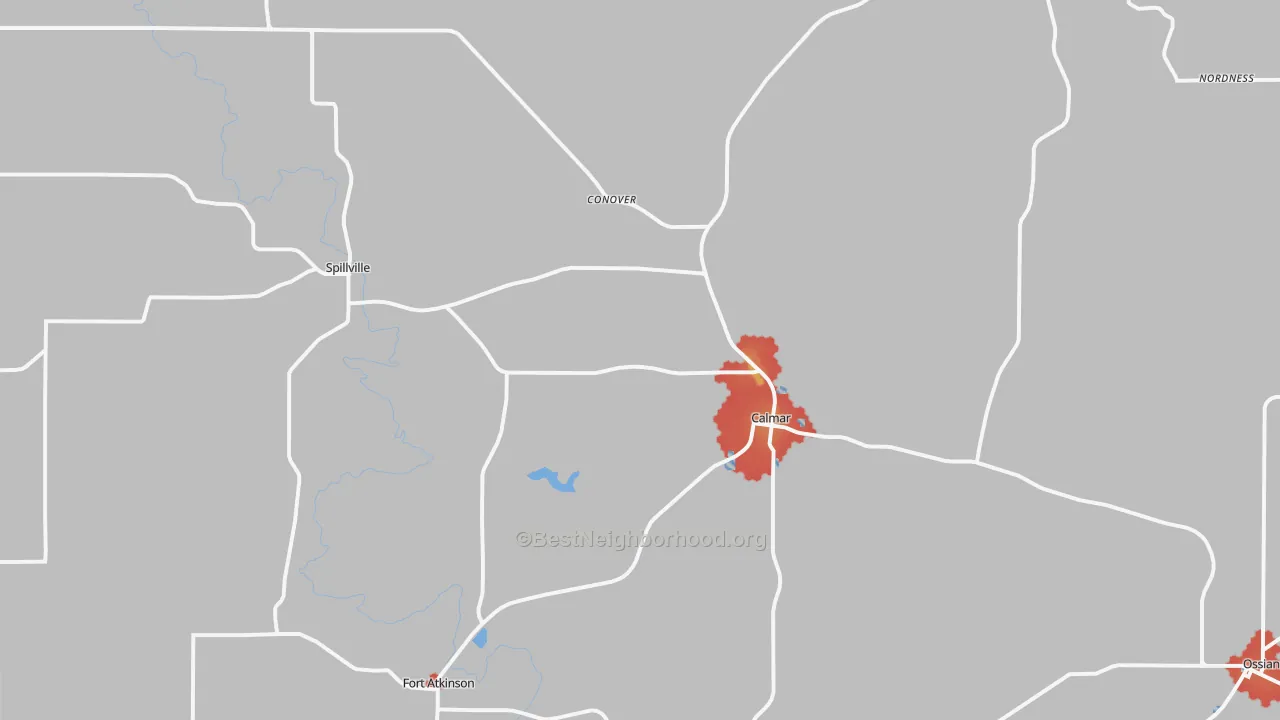 Walk Grade map of 52132, IA, walkable areas in green and car-dependent areas in red