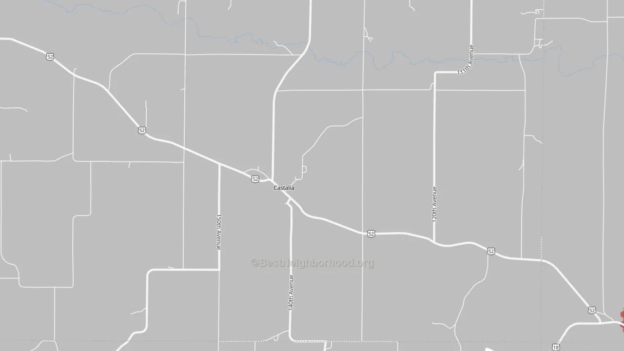 Walk Grade map of 52133, IA, walkable areas in green and car-dependent areas in red