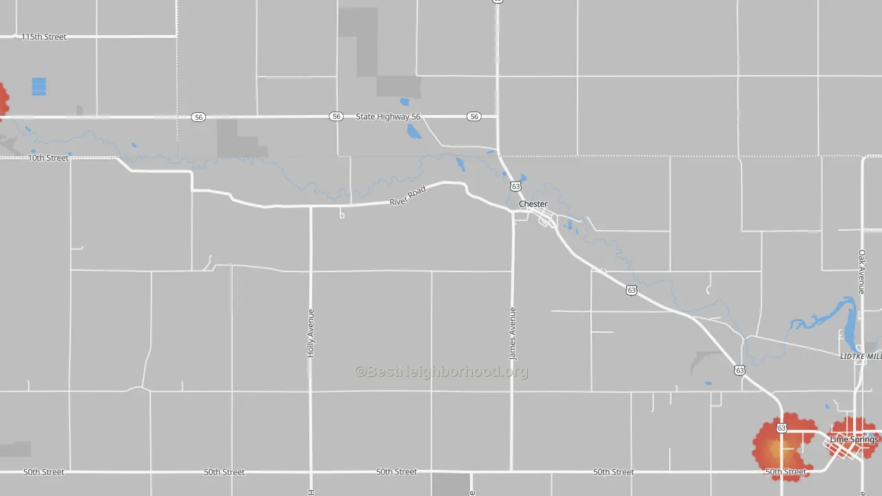 Walk Grade map of 52134, IA, walkable areas in green and car-dependent areas in red