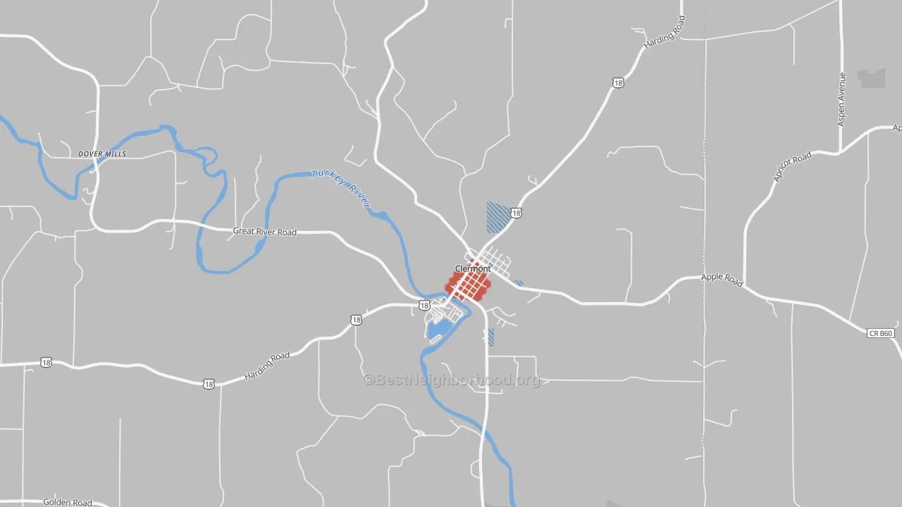 Walk Grade map of 52135, IA, walkable areas in green and car-dependent areas in red