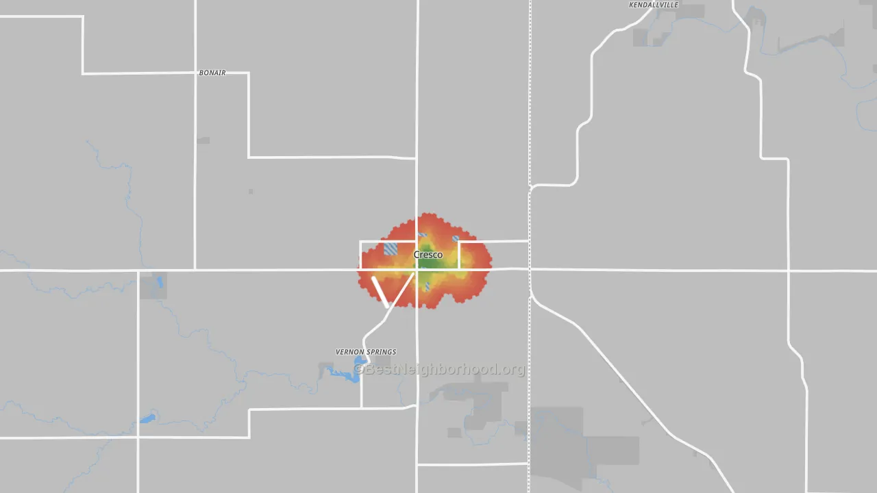 Walk Grade map of 52136, IA, walkable areas in green and car-dependent areas in red