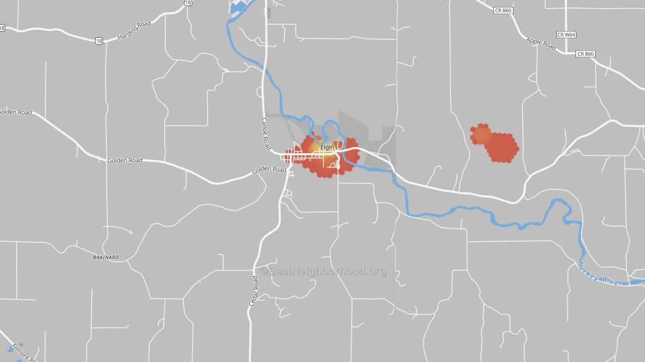 Walk Grade map of 52141, IA, walkable areas in green and car-dependent areas in red