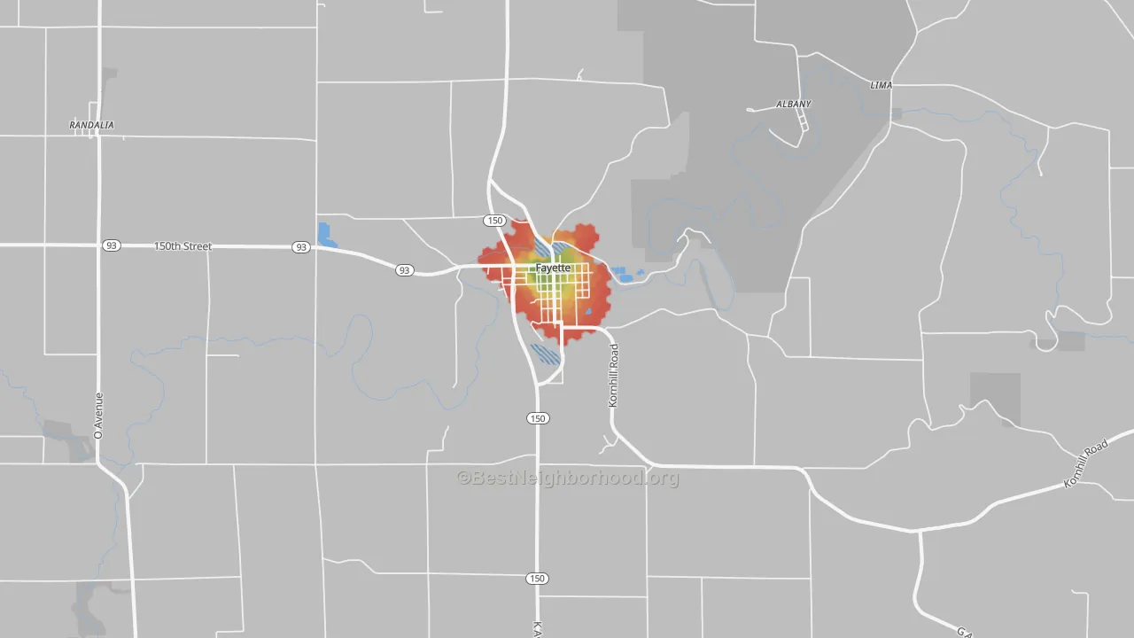 Walk Grade map of 52142, IA, walkable areas in green and car-dependent areas in red