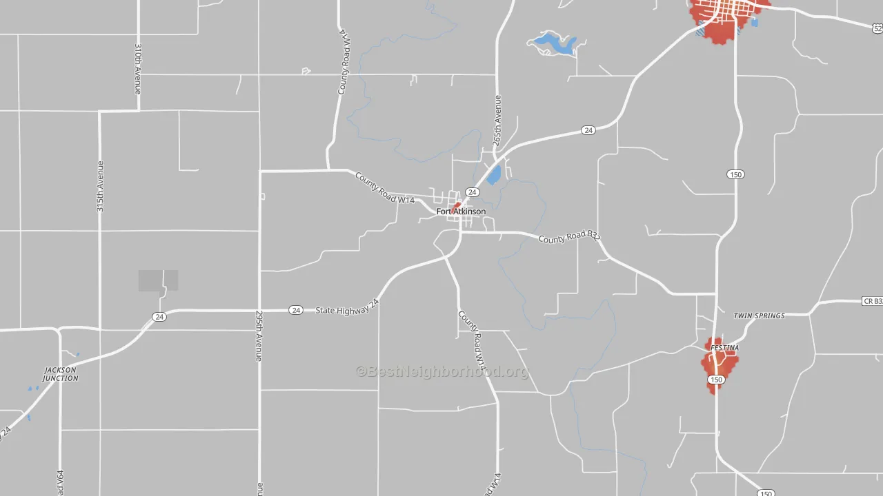 Walk Grade map of 52144, IA, walkable areas in green and car-dependent areas in red