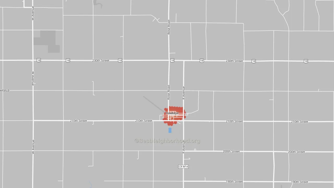Walk Grade map of 52147, IA, walkable areas in green and car-dependent areas in red