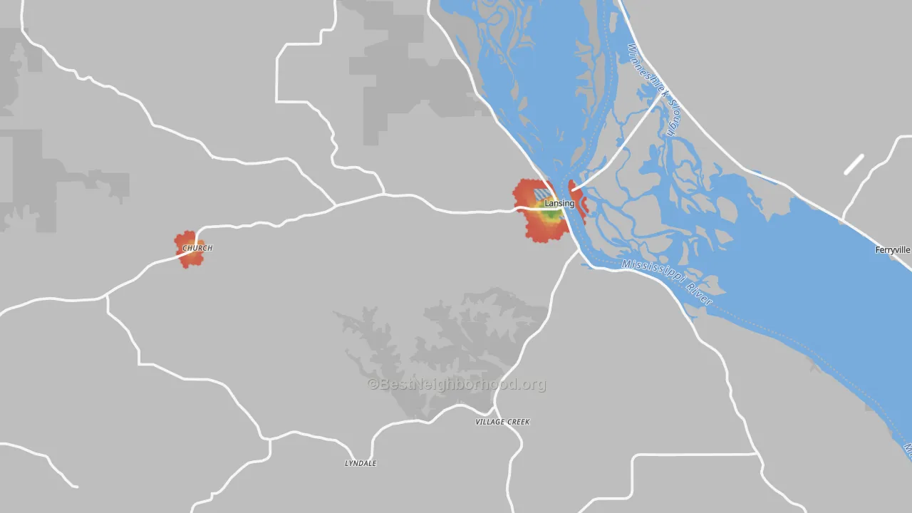 Walk Grade map of 52151, IA, walkable areas in green and car-dependent areas in red