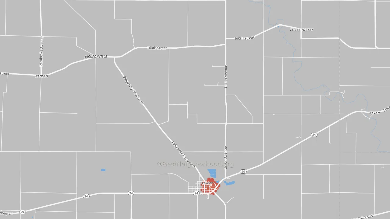 Walk Grade map of 52154, IA, walkable areas in green and car-dependent areas in red