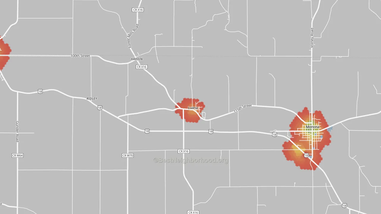 Walk Grade map of 52156, IA, walkable areas in green and car-dependent areas in red