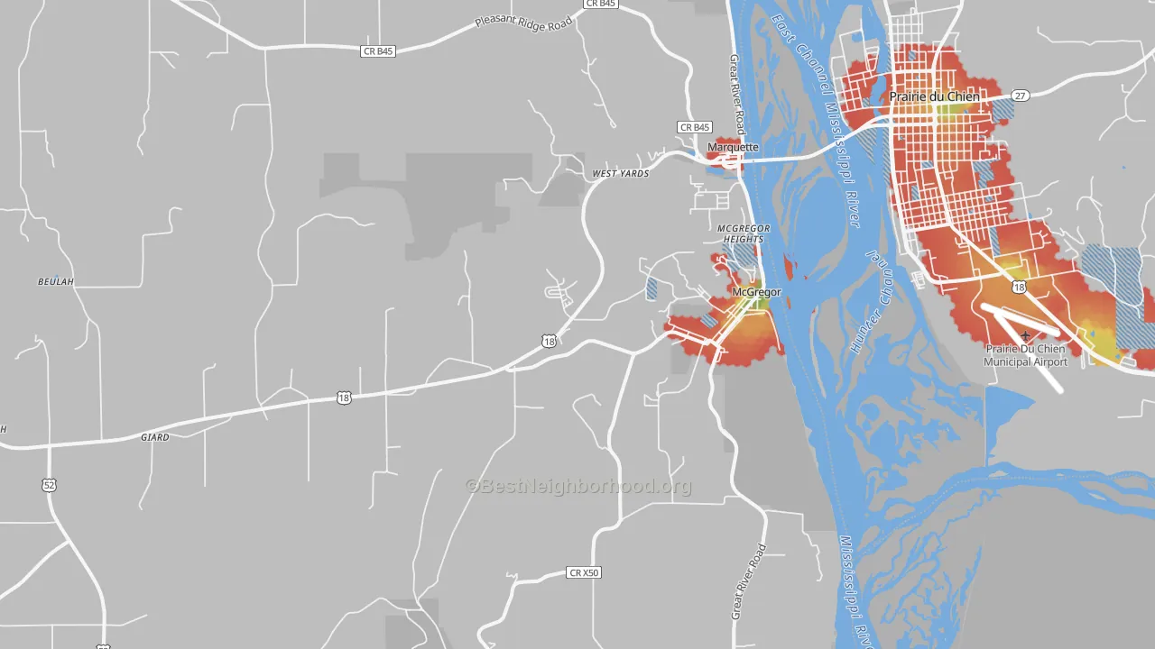 Walk Grade map of 52157, IA, walkable areas in green and car-dependent areas in red
