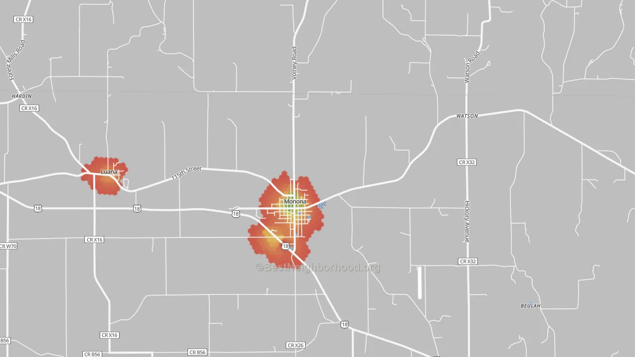 Walk Grade map of 52159, IA, walkable areas in green and car-dependent areas in red