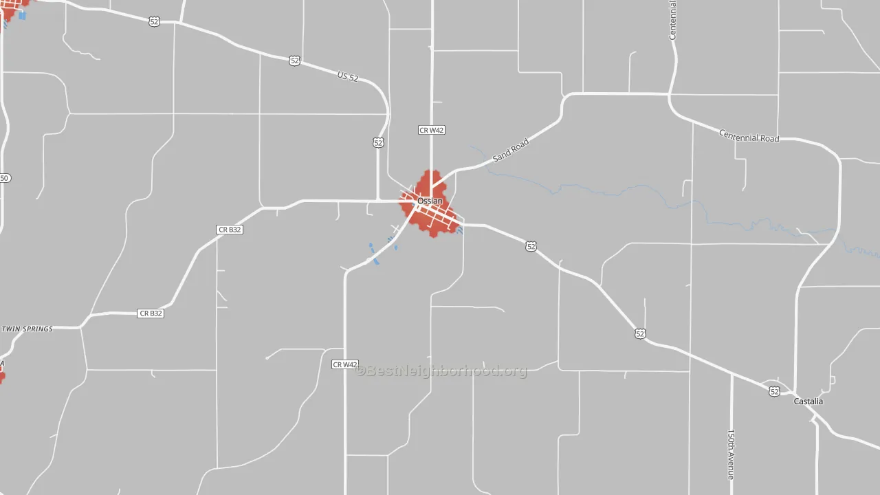 Walk Grade map of 52161, IA, walkable areas in green and car-dependent areas in red