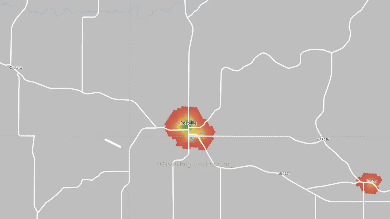 Walk Grade map of 52162, IA, walkable areas in green and car-dependent areas in red
