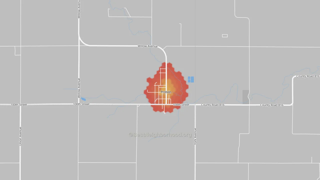 Walk Grade map of 52163, IA, walkable areas in green and car-dependent areas in red
