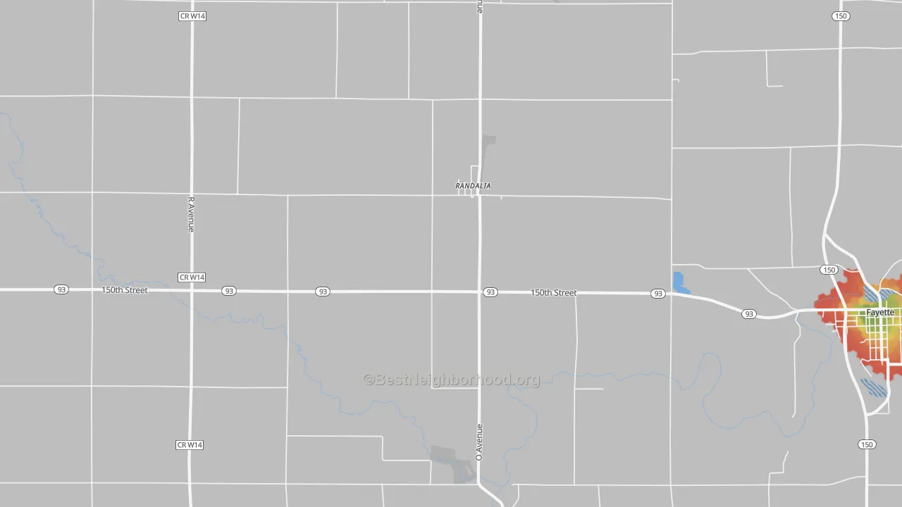 Walk Grade map of 52164, IA, walkable areas in green and car-dependent areas in red