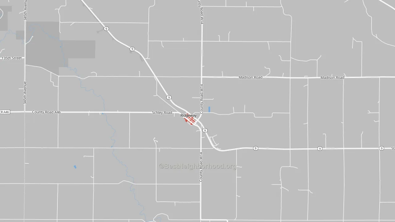 Walk Grade map of 52165, IA, walkable areas in green and car-dependent areas in red